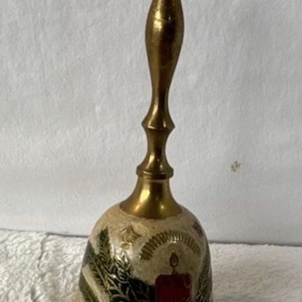 Vintage Brass Christmas Hand Bell with Painted Holiday Floral Design